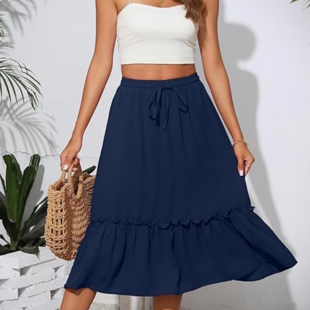 New Women’s Tiered Skirt Drawstring Waist Pleat Hemline Knee Length Navy Blue XL